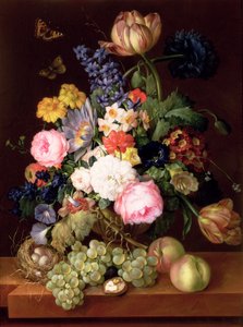 Blumen und Früchte mit einem Vogelnest auf einem Sims, 1821